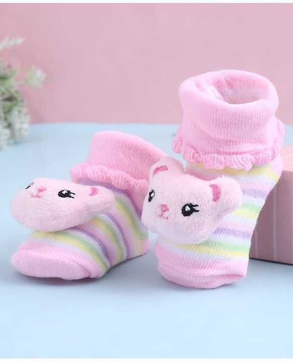 Cute Walk by Babyhug Sock Shoes With Animal Applique & Stripes Design - Multicolour