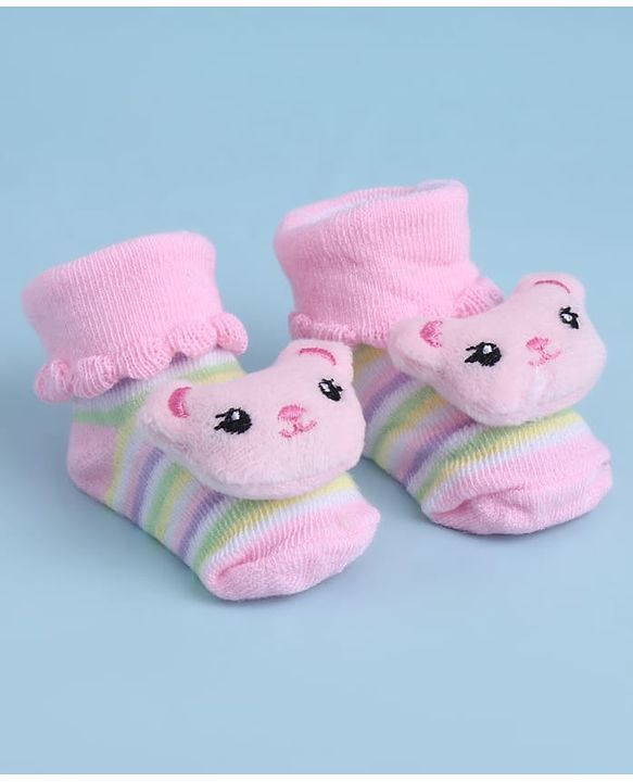 Cute Walk by Babyhug Sock Shoes With Animal Applique & Stripes Design - Multicolour