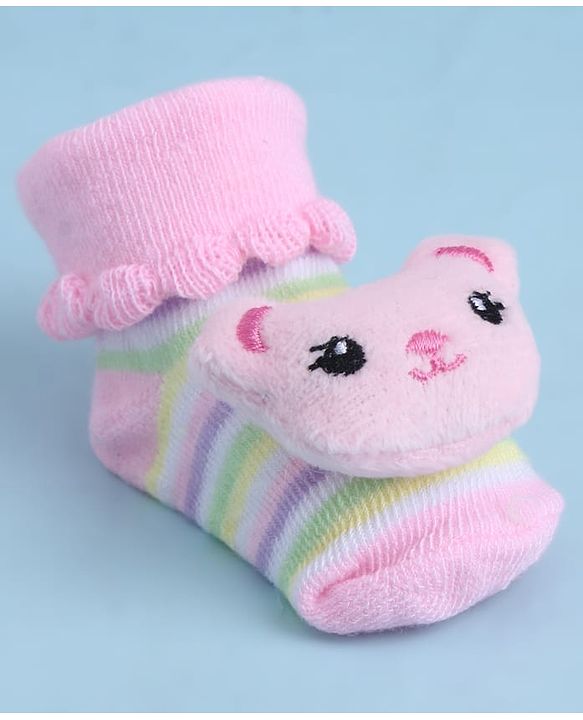 Cute Walk by Babyhug Sock Shoes With Animal Applique & Stripes Design - Multicolour