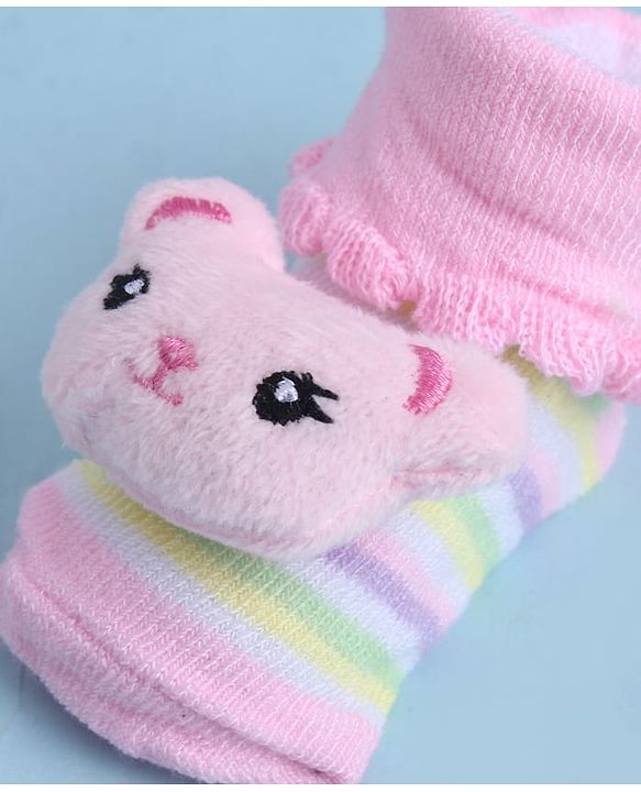 Cute Walk by Babyhug Sock Shoes With Animal Applique & Stripes Design - Multicolour