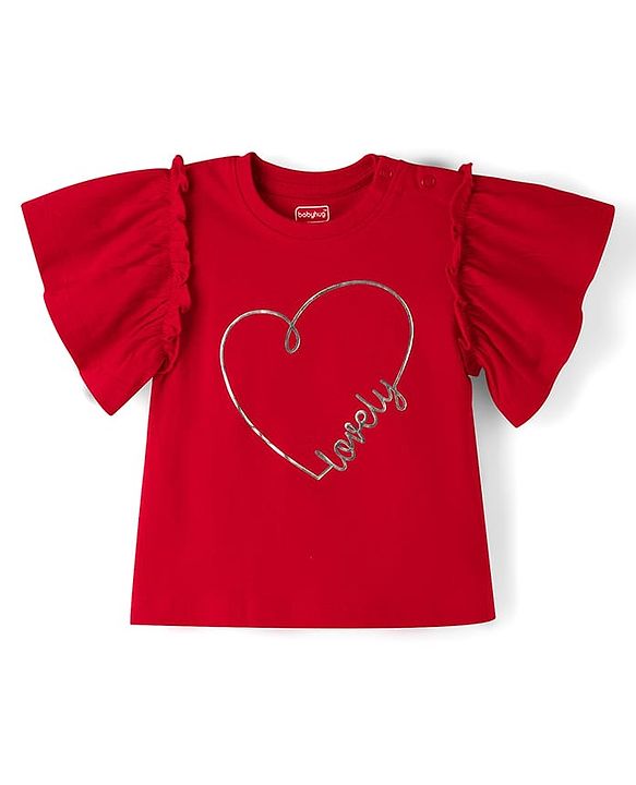 Babyhug 100% Cotton Knit Half Frill Sleeves Heart Printed Top - Red