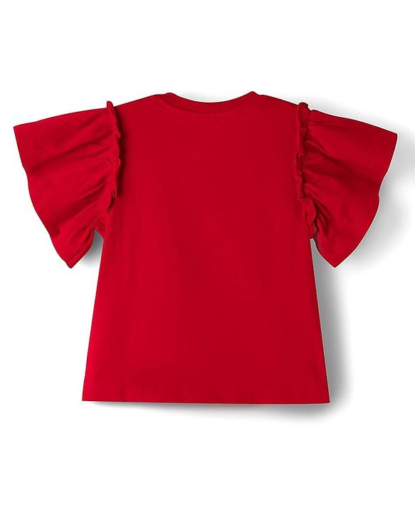 Babyhug 100% Cotton Knit Half Frill Sleeves Heart Printed Top - Red