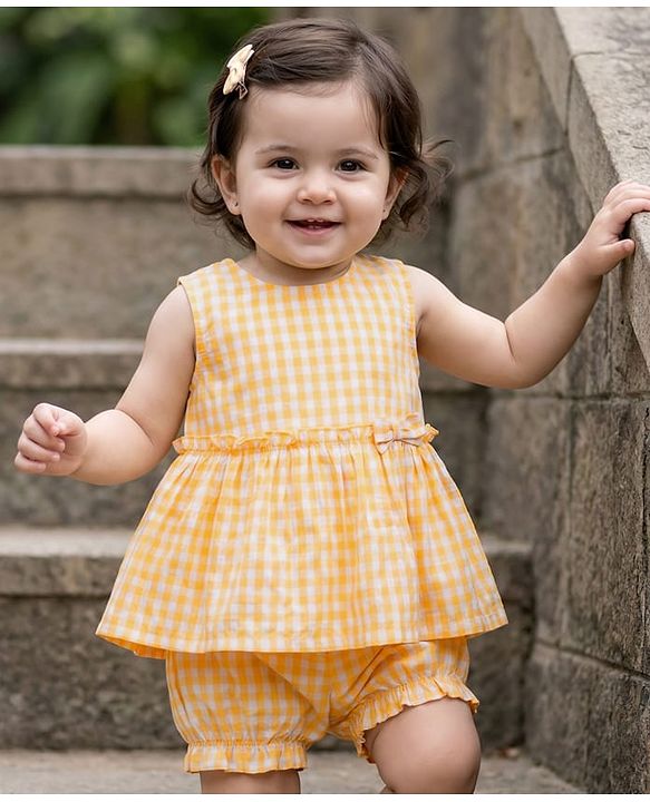 Babyhug Cotton Woven Sleeveless Checks Top & Shorts Co-ord Set - Yellow