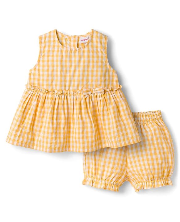 Babyhug Cotton Woven Sleeveless Checks Top & Shorts Co-ord Set - Yellow