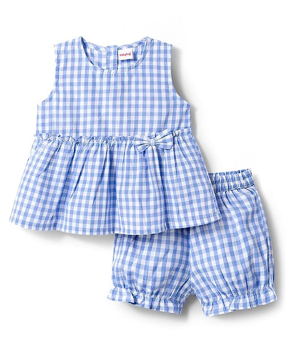 Babyhug Cotton Woven Sleeveless Checkered Co-ords Top & Shorts Set with Bow Applique - Sea Light Blue