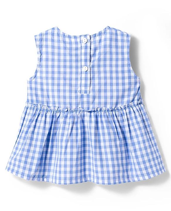 Babyhug Cotton Woven Sleeveless Checkered Co-ords Top & Shorts Set with Bow Applique - Sea Light Blue