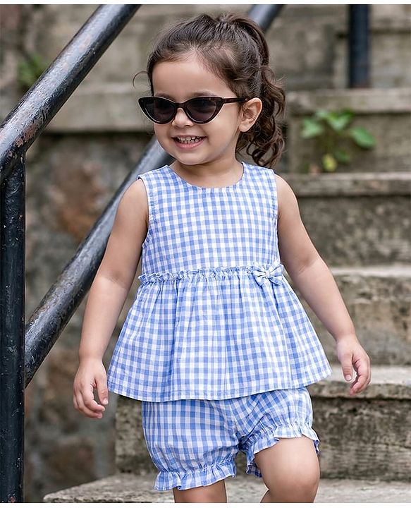 Babyhug Cotton Woven Sleeveless Checkered Co-ords Top & Shorts Set with Bow Applique - Sea Light Blue