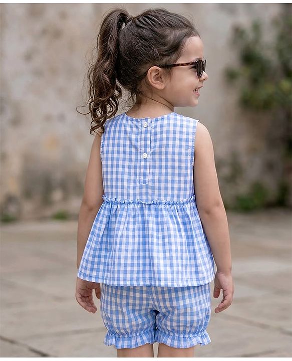 Babyhug Cotton Woven Sleeveless Checkered Co-ords Top & Shorts Set with Bow Applique - Sea Light Blue