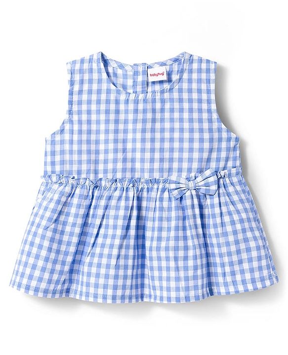 Babyhug Cotton Woven Sleeveless Checkered Co-ords Top & Shorts Set with Bow Applique - Sea Light Blue
