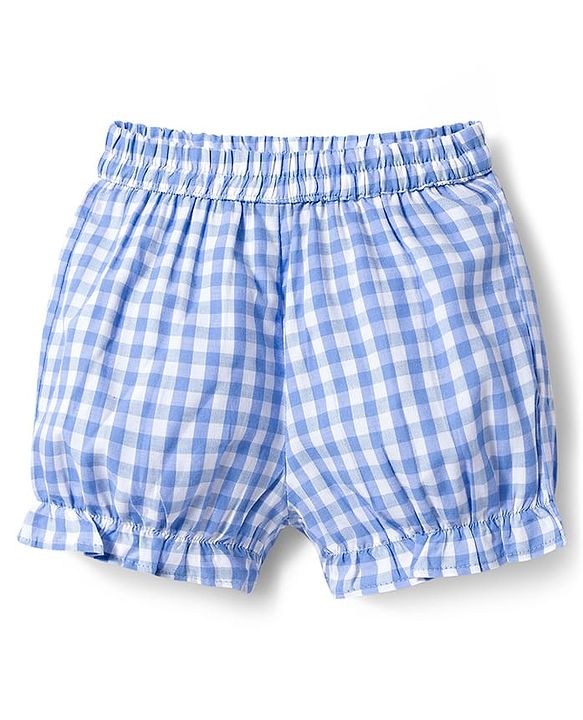 Babyhug Cotton Woven Sleeveless Checkered Co-ords Top & Shorts Set with Bow Applique - Sea Light Blue