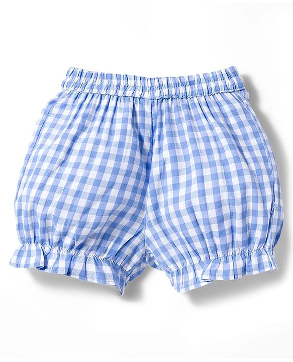 Babyhug Cotton Woven Sleeveless Checkered Co-ords Top & Shorts Set with Bow Applique - Sea Light Blue