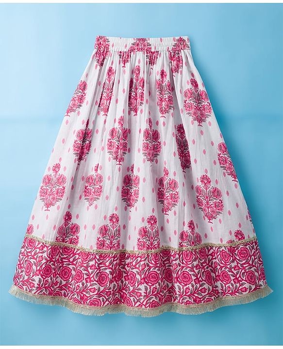 Pine Kids Cotton Woven Half Sleeves Choli Lehenga & Dupatta Set With Floral Print - White & Pink