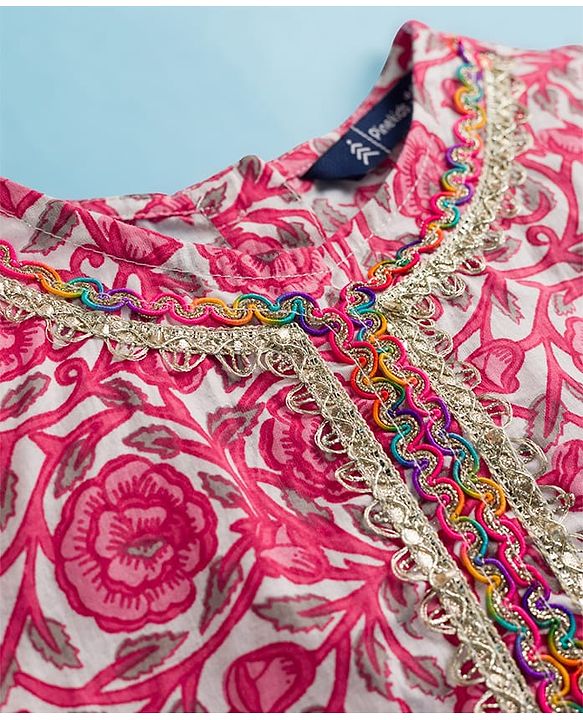 Pine Kids Cotton Woven Half Sleeves Choli Lehenga & Dupatta Set With Floral Print - White & Pink