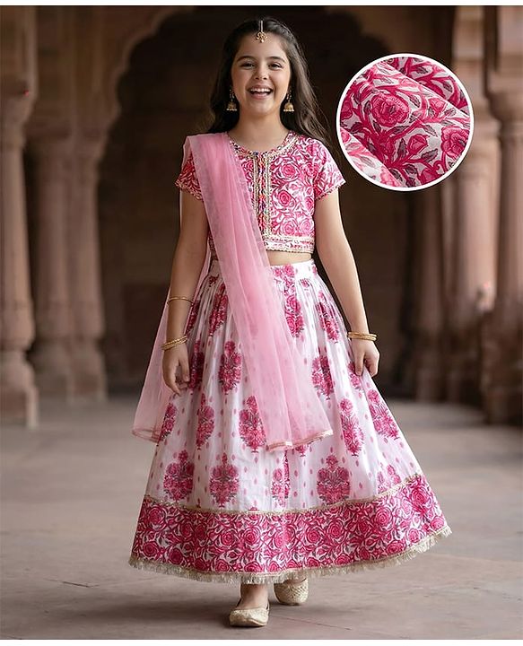 Pine Kids Cotton Woven Half Sleeves Choli Lehenga & Dupatta Set With Floral Print - White & Pink
