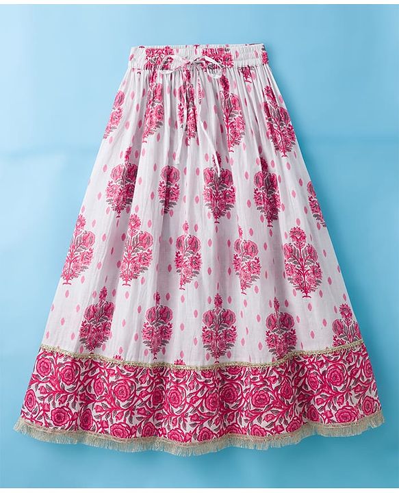 Pine Kids Cotton Woven Half Sleeves Choli Lehenga & Dupatta Set With Floral Print - White & Pink