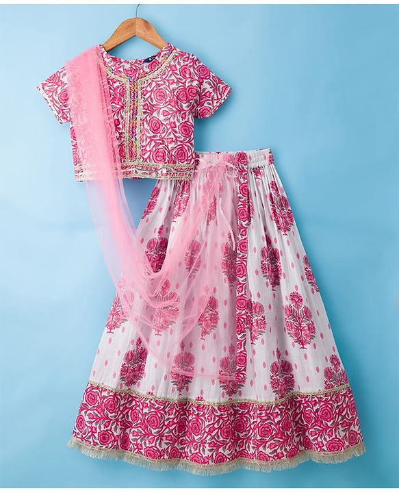 Pine Kids Cotton Woven Half Sleeves Choli Lehenga & Dupatta Set With Floral Print - White & Pink