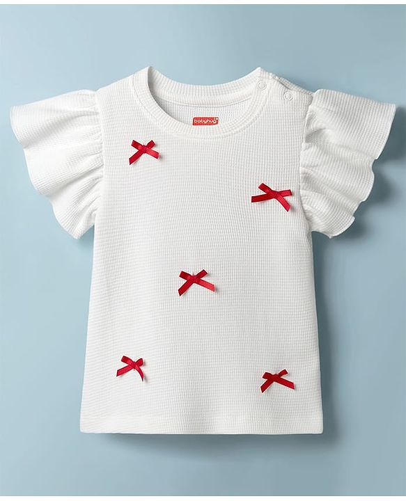 Babyhug Cotton Waffle Knit Half Sleeves Top With Bow Applique - Offwhite