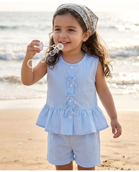 Babyhug Cotton Woven Sleeveless Striped Top & Shorts Co-ord Set - Sky Blue