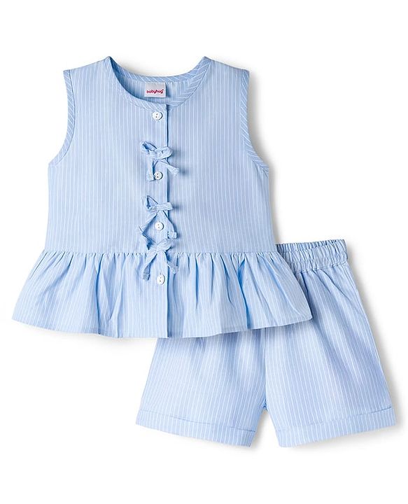 Babyhug Cotton Woven Sleeveless Striped Top & Shorts Co-ord Set - Sky Blue