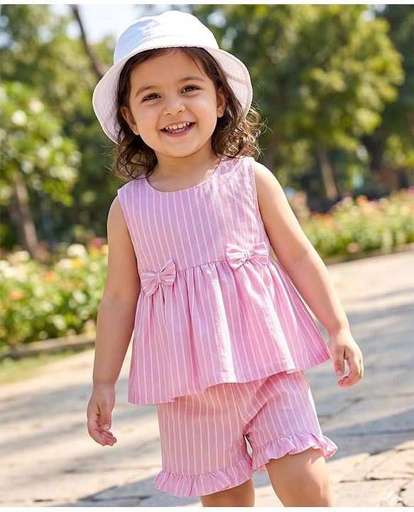 Babyhug Cotton Woven Sleeveless Checkered Co-ords Top & Shorts Set with Bow Applique - Pink