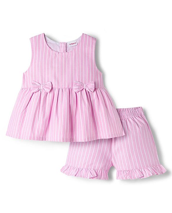 Babyhug Cotton Woven Sleeveless Checkered Co-ords Top & Shorts Set with Bow Applique - Pink