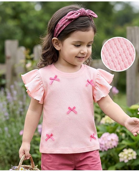 Babyhug 100% Cotton Waffle Knit Half Sleeves Top With Bow Detailing - Pink
