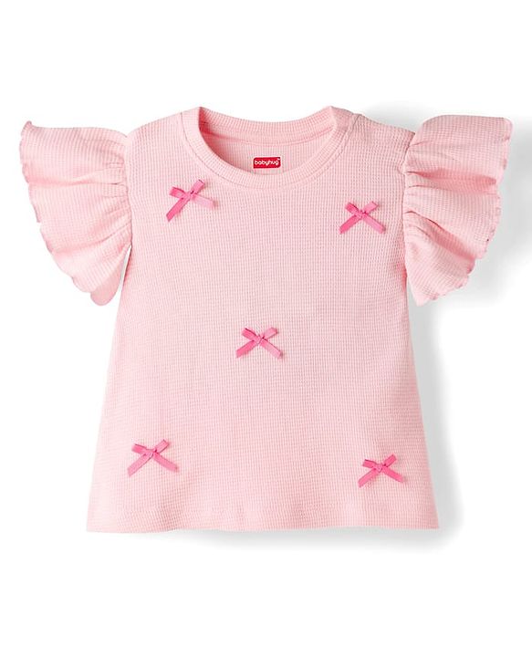Babyhug 100% Cotton Waffle Knit Half Sleeves Top With Bow Detailing - Pink