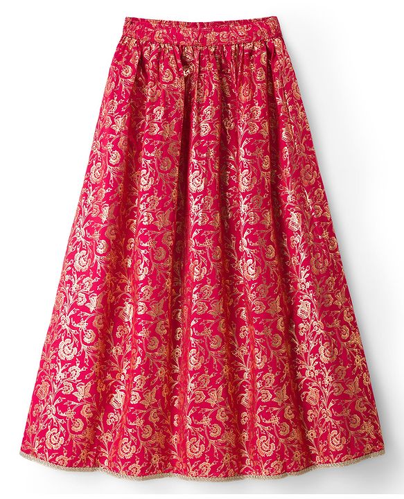 Pine Kids Woven Half Sleeves Floral Embroidered Sequinned & Foil Printed Choli & Lehenga Set With Dupatta - Red