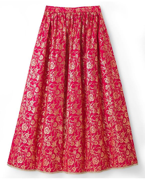 Pine Kids Woven Half Sleeves Floral Embroidered Sequinned & Foil Printed Choli & Lehenga Set With Dupatta - Red