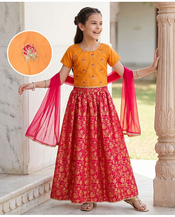 Pine Kids Woven Half Sleeves Floral Embroidered Sequinned & Foil Printed Choli & Lehenga Set With Dupatta - Red