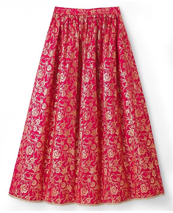 Pine Kids Woven Half Sleeves Floral Embroidered Sequinned & Foil Printed Choli & Lehenga Set With Dupatta - Red