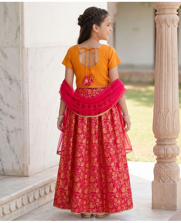 Pine Kids Woven Half Sleeves Floral Embroidered Sequinned & Foil Printed Choli & Lehenga Set With Dupatta - Red