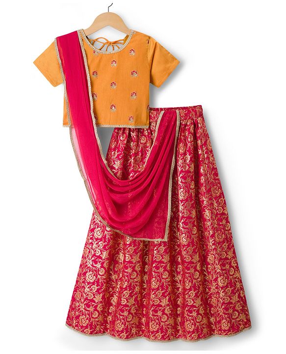 Pine Kids Woven Half Sleeves Floral Embroidered Sequinned & Foil Printed Choli & Lehenga Set With Dupatta - Red