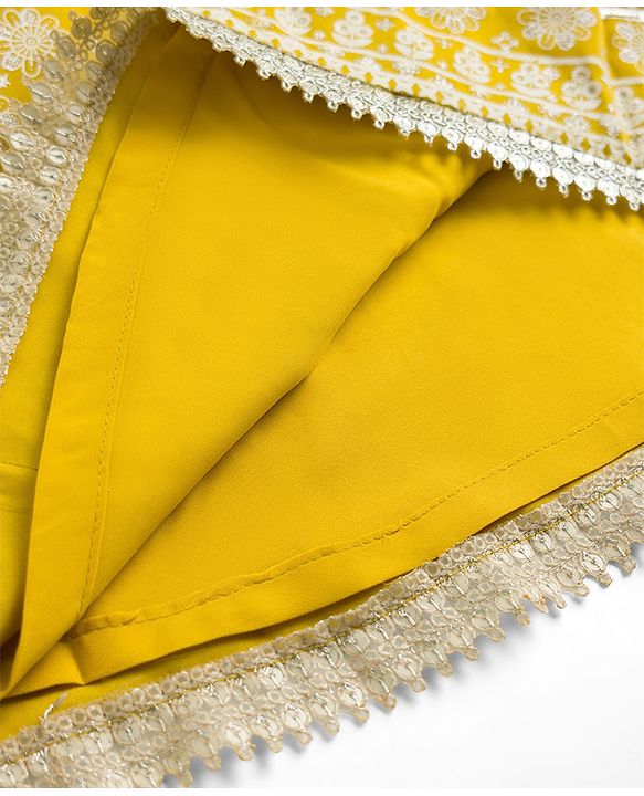 Pine Kids Woven Sleeveless Lehenga Choli Set With Floral Print & Dupatta - Mustard