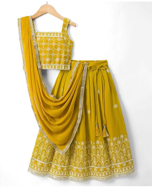 Pine Kids Woven Sleeveless Lehenga Choli Set With Floral Print & Dupatta - Mustard