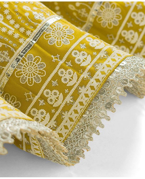 Pine Kids Woven Sleeveless Lehenga Choli Set With Floral Print & Dupatta - Mustard