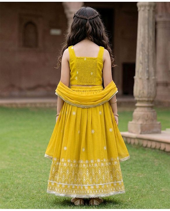 Pine Kids Woven Sleeveless Lehenga Choli Set With Floral Print & Dupatta - Mustard
