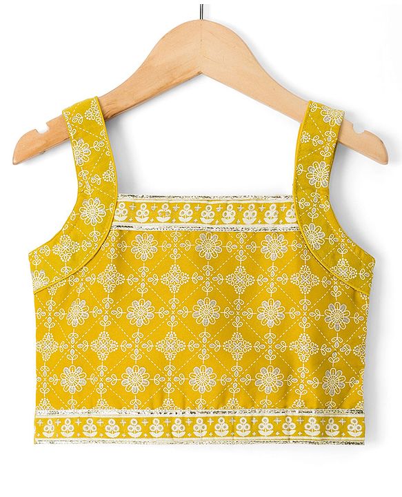 Pine Kids Woven Sleeveless Lehenga Choli Set With Floral Print & Dupatta - Mustard