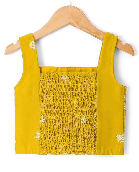 Pine Kids Woven Sleeveless Lehenga Choli Set With Floral Print & Dupatta - Mustard