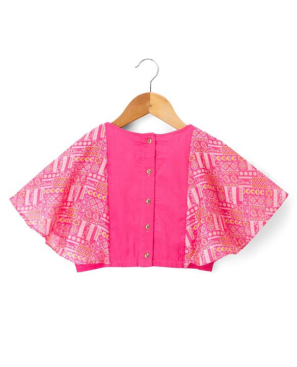 Pine Kids Woven Half Sleeves Floral Embroidered Choli & Lehenga Set - Pink