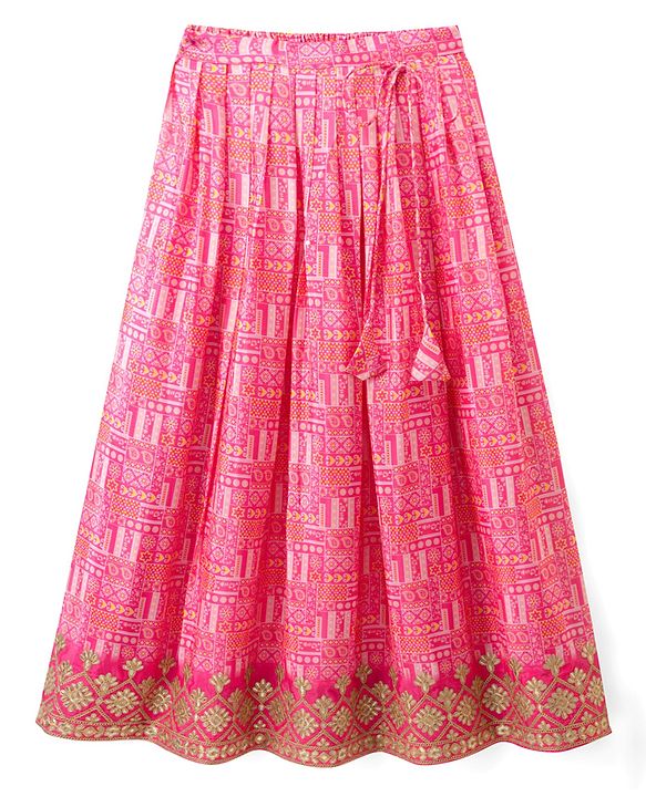 Pine Kids Woven Half Sleeves Floral Embroidered Choli & Lehenga Set - Pink