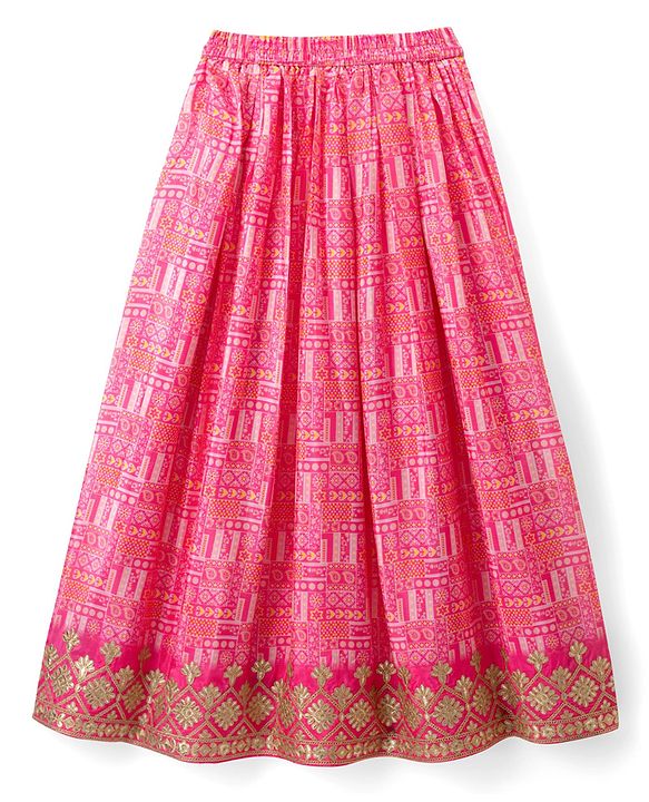 Pine Kids Woven Half Sleeves Floral Embroidered Choli & Lehenga Set - Pink