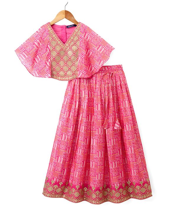 Pine Kids Woven Half Sleeves Floral Embroidered Choli & Lehenga Set - Pink