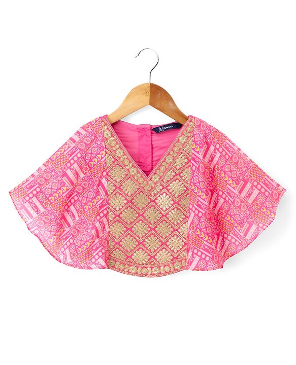 Pine Kids Woven Half Sleeves Floral Embroidered Choli & Lehenga Set - Pink