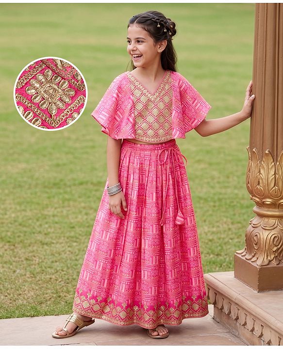 Pine Kids Woven Half Sleeves Floral Embroidered Choli & Lehenga Set - Pink