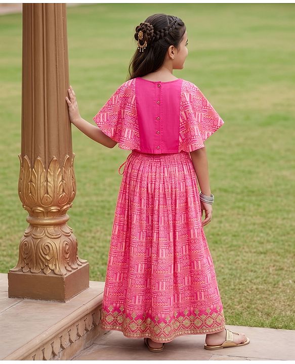 Pine Kids Woven Half Sleeves Floral Embroidered Choli & Lehenga Set - Pink