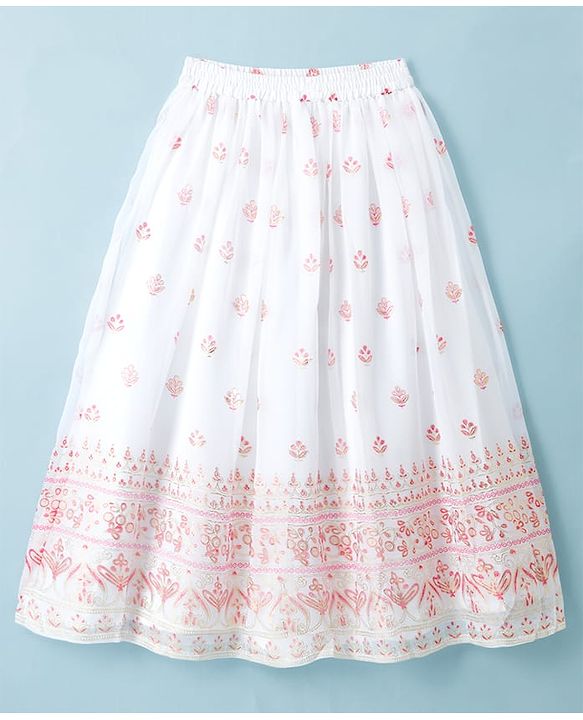 Pine Kids Woven Sleeveless Floral & Sequin Embroidered Choli Lehenga Set with Dupatta - White
