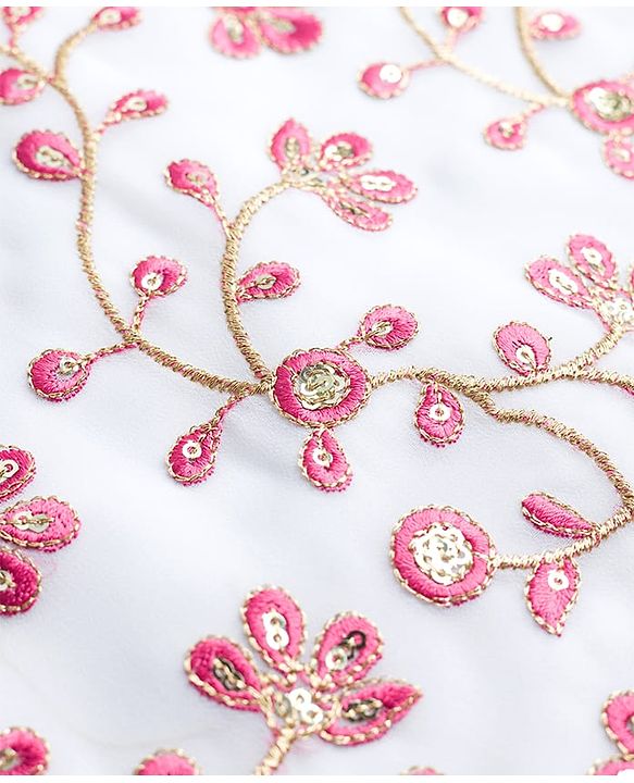 Pine Kids Woven Sleeveless Floral & Sequin Embroidered Choli Lehenga Set with Dupatta - White