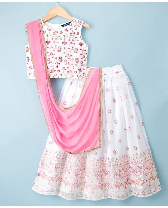 Pine Kids Woven Sleeveless Floral & Sequin Embroidered Choli Lehenga Set with Dupatta - White