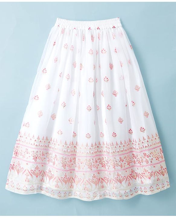 Pine Kids Woven Sleeveless Floral & Sequin Embroidered Choli Lehenga Set with Dupatta - White